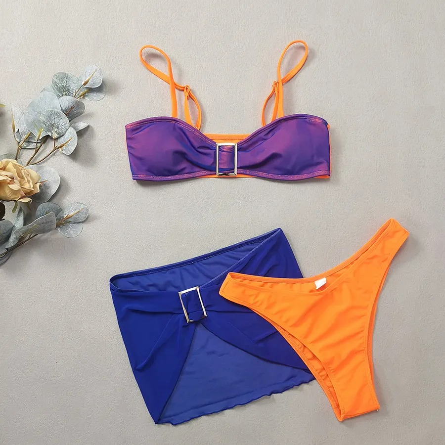 Azure Glow Bikini Set | Blue & Orange Brazilian 3-Piece Swimsuit set