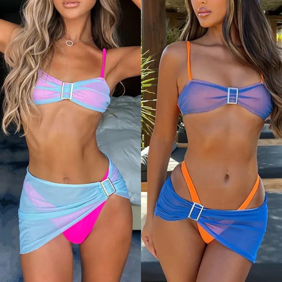 Azure Glow Bikini Set | Blue & Orange Brazilian 3-Piece Swimsuit set